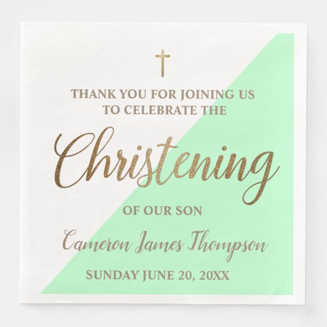 Servilleta De Papel De Cena Personalizado Moderno de oro verde Boy Christening (Anverso)