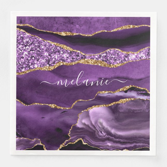 Servilleta De Papel De Cena Personalizado Purple Gold Purpurina Tu Nombre Napk (Anverso)