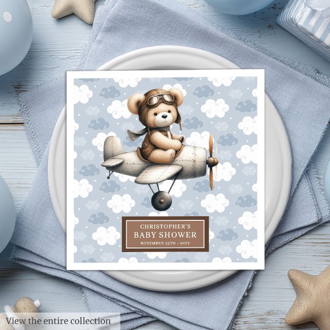 Servilleta De Papel De Cena Personalizado Teddy Bear Pilot Napkins Baby Boy Sh (Custom Teddy Bear Pilot Napkins for Baby Boy Shower)