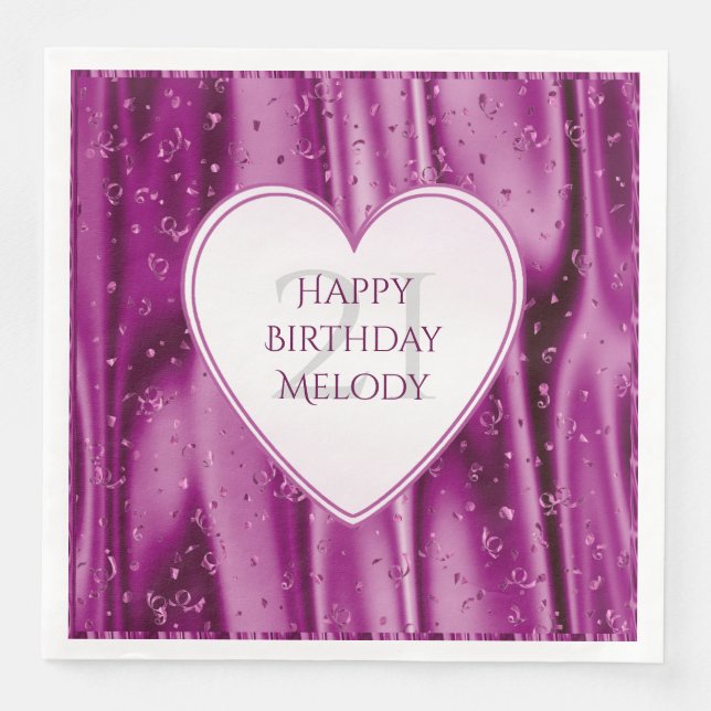 Servilleta De Papel De Cena Personalizar - Faux Orchid Satin Birthday Heart (Anverso)