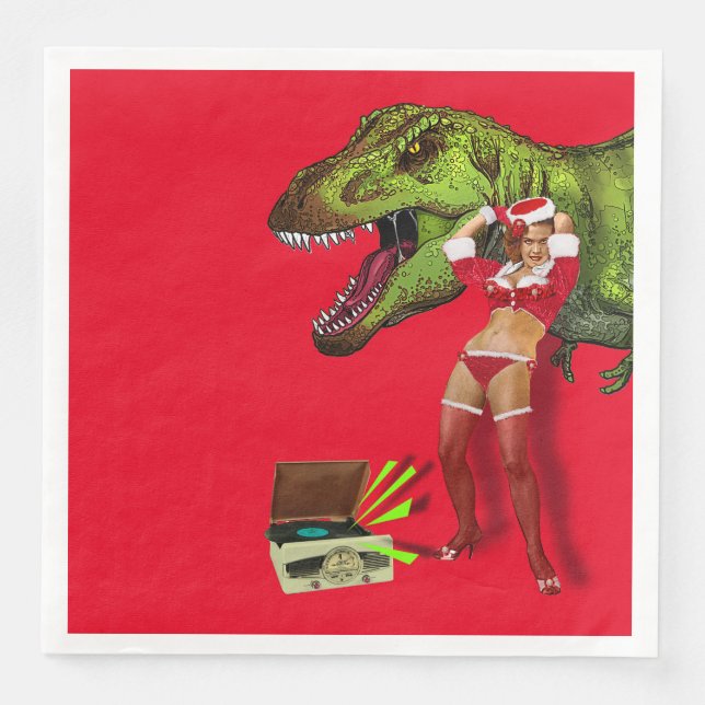 Servilleta De Papel De Cena Pin-up Navideña Jurásica (Anverso)
