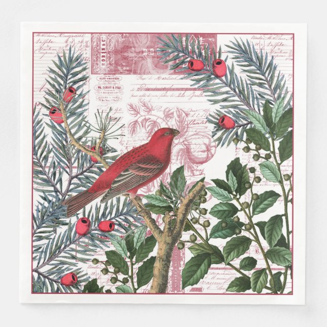 Servilleta De Papel De Cena Pine Finch en Branch (Anverso)