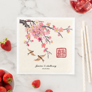 Servilleta De Papel De Cena Pintura china con tinta flores y pájaros boda