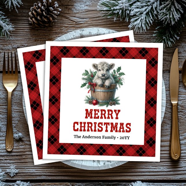 Servilleta De Papel De Cena Playful highland cow red black tartan napkins (Playful highland cow red black tartan napkin)