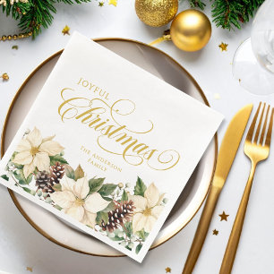 Servilleta De Papel De Cena Poinsettia Blanca de Navidad Personalizada y Alegr