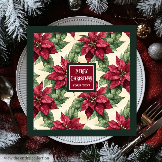 Servilleta De Papel De Cena Poinsettia Navidades de apellido familiar personal (Personalized family name Christmas poinsettia Paper Dinner Napkins)