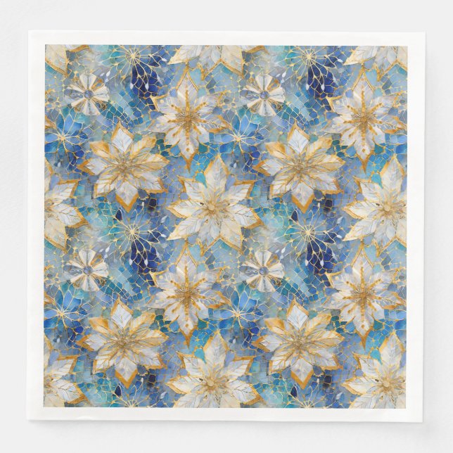 Servilleta De Papel De Cena Poinsettias de los Navidades Blue White Gold (Anverso)