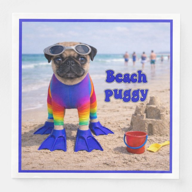 Servilleta De Papel De Cena Pug de Playa (Anverso)