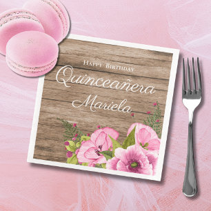 Servilleta De Papel De Cena Quinceañera Amapolas Rosadas Rústicas