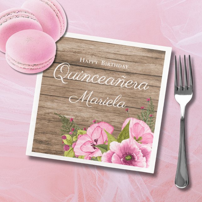 Servilleta De Papel De Cena Quinceañera Amapolas Rosadas Rústicas (Subido por el creador)