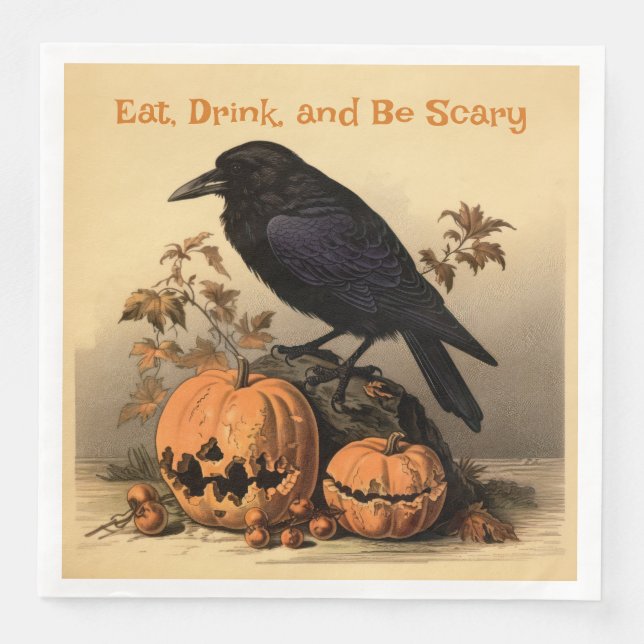 Servilleta De Papel De Cena Raven y Pumpkins Halloween: Comer, beber, asustar (Anverso)