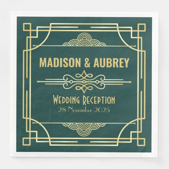 Servilleta De Papel De Cena Recepción Art Deco Boda Bar Fiesta Bar Gold Green (Anverso)