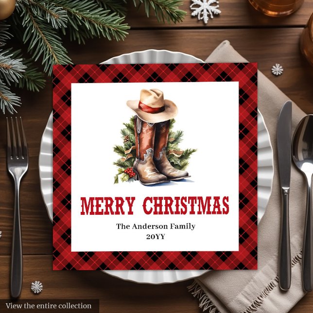 Servilleta De Papel De Cena Red black tartan Western Christmas paper napkins (Western Christmas napkins red buffalo plaid tartan

)
