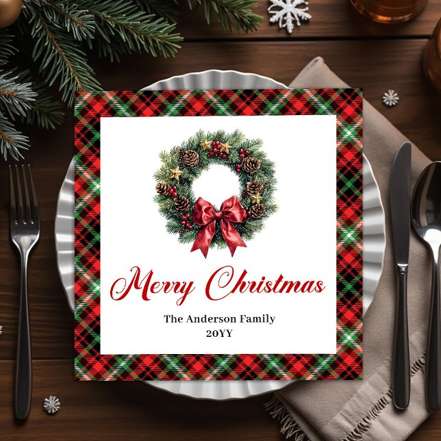 Servilleta De Papel De Cena Red Green Plaid Christmas Wreath Napkins Custom (Red Green Plaid Christmas Wreath Napkins Custom)