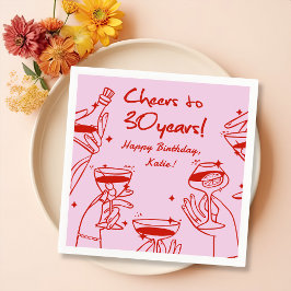 Servilleta De Papel De Cena Red Pink Retro Handdraw Funky Cocktail Cumpleaños