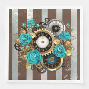 Servilleta De Papel De Cena Reloj Steampunk y Rosas turquesas a rayas