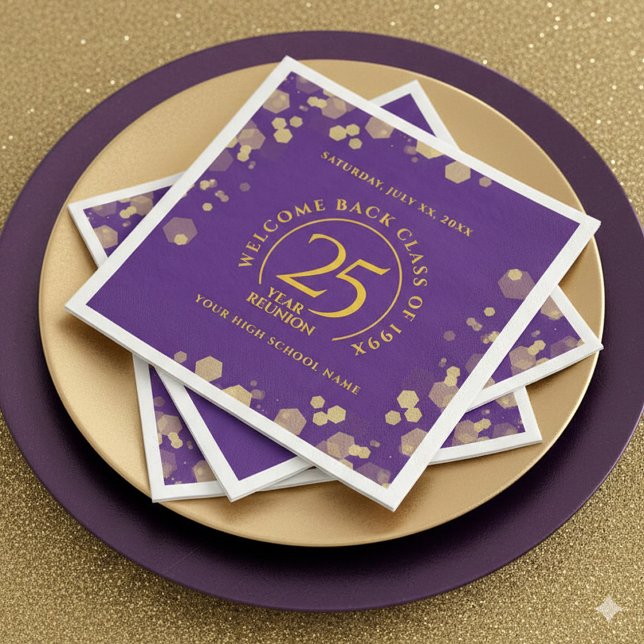 Servilleta De Papel De Cena Reunión de la Escuela Purple & Gold (Elegant 25-Year Class Reunion Purple & Gold Glitter Napkins Cover Photo)