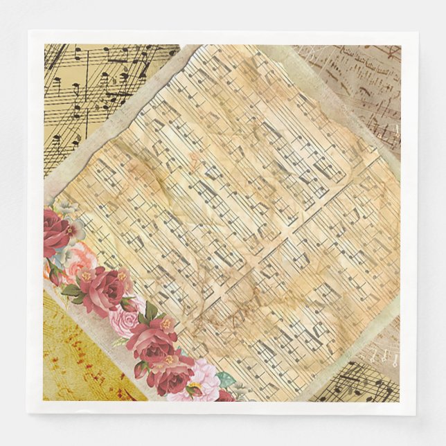 Servilleta De Papel De Cena Rosa antiguo y notas musicales Papel Cena Napkin (Anverso)