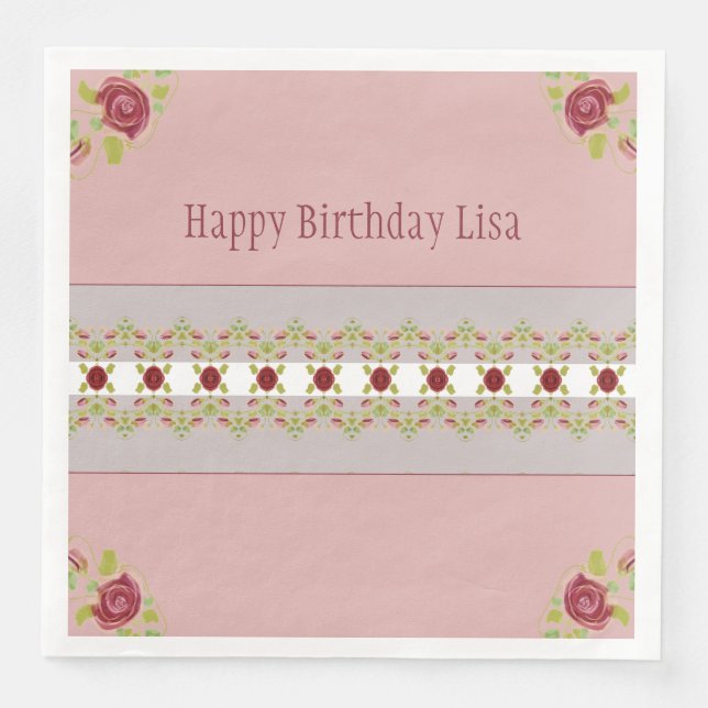 Servilleta De Papel De Cena Rosa Con Floral (Anverso)