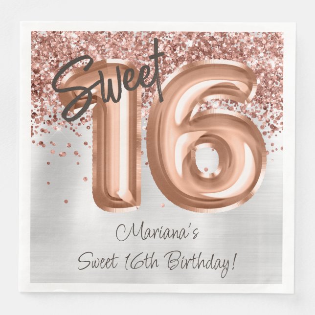 Servilleta De Papel De Cena Rosa Gold Silver Sweet 16th Birthday Party (Anverso)