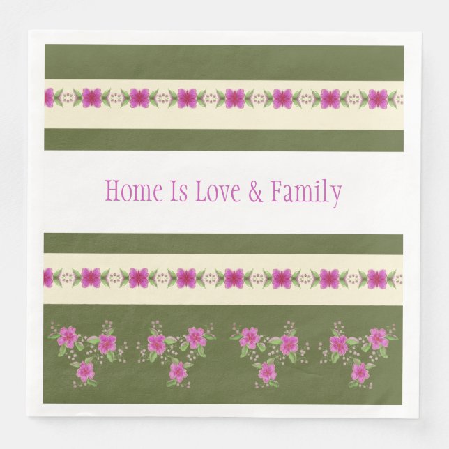 Servilleta De Papel De Cena Rosa Oscuro Con Verde Olivo (Anverso)