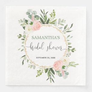 Servilleta De Papel De Cena Rosa sonrojado blanco verde dorado floral elegante