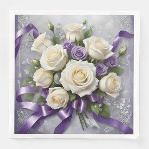 Servilleta De Papel De Cena Rosas blancos y lilacos ramo con cintas de lilac