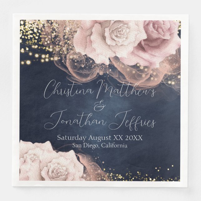 Servilleta De Papel De Cena Rosas de acuarela romántica en Boda Moody Blue (Anverso)