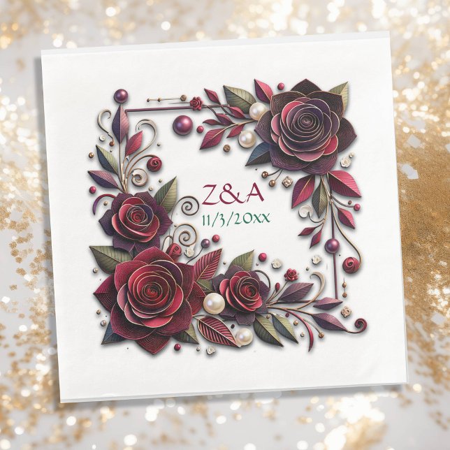 Servilleta De Papel De Cena Rosas de Borgoña bonito Monogramado (Subido por el creador)