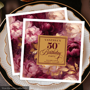 Servilleta De Papel De Cena Rosas Elegantes Burgundy Blush Gold Cumpleaños 50