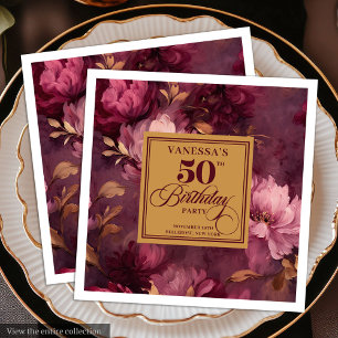 Servilleta De Papel De Cena Rosas Elegantes Burgundy Blush Gold Cumpleaños 50