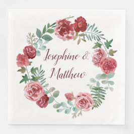 Servilleta De Papel De Cena Rosas florales de Borgoña Foliage Wreath Boda