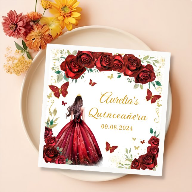 Servilleta De Papel De Cena Roses rojos Florales Mariposas Princesa Quinceaner (Subido por el creador)