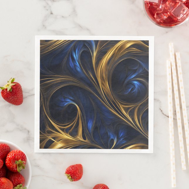 Servilleta De Papel De Cena Royal Blue Gold Resumen Swirl (In situ)