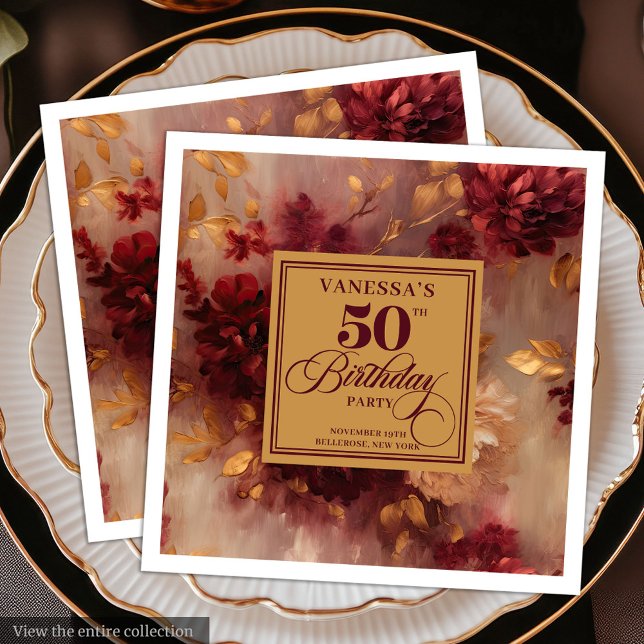 Servilleta De Papel De Cena Rubor Red Gold Flowers 50th Birthday (Trendy Dark Red Blush Gold Flowers 50th Birthday Paper Dinner Napkins)