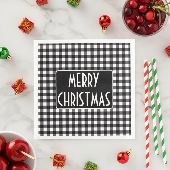 Servilleta De Papel De Cena Rustic Black & White Buffalo Plaid Merry Christmas (Subido por el creador)