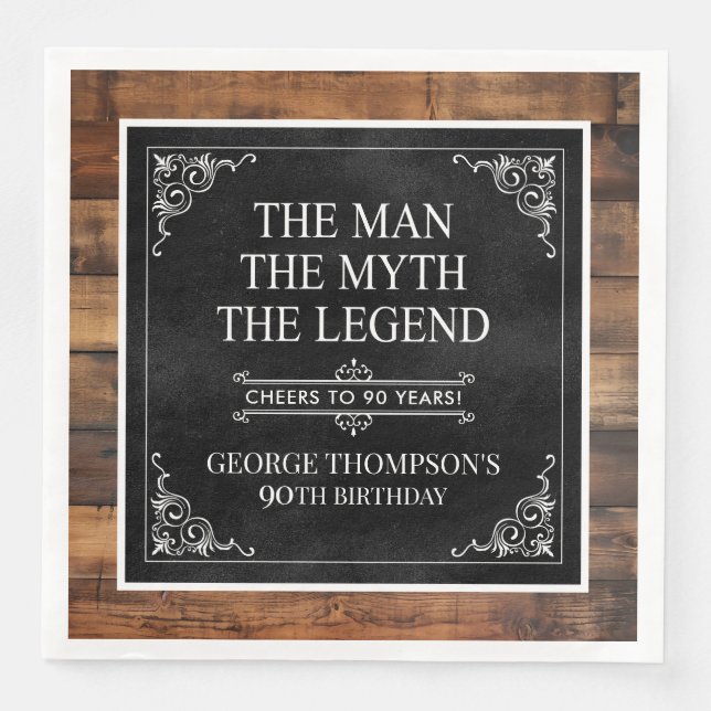 Servilleta De Papel De Cena Rustic Man Myth Legend 90th Birthday Black (Anverso)