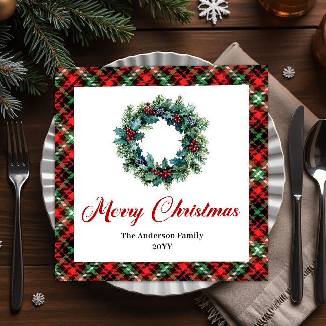 Servilleta De Papel De Cena Rustic Red Green Plaid Christmas Wreath Napkins (Rustic Red Green Plaid Christmas Wreath Napkins)