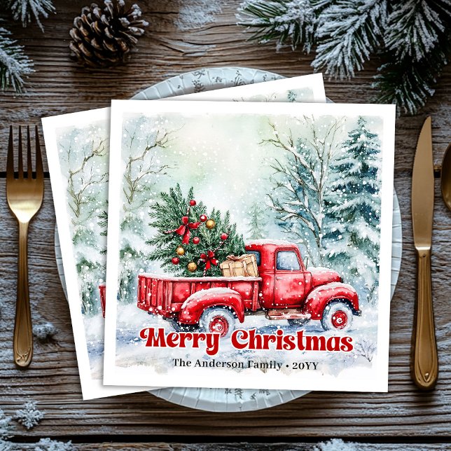 Servilleta De Papel De Cena Rustic red truck Christmas scene festive napkins (Rustic red truck Christmas scene festive napkins)