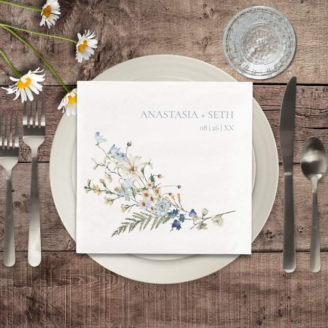 Servilleta De Papel De Cena Rústico Boda de Flores y Daisies Azul (Rustic Dusty Blue Wildflowers & Daisies Wedding Dinner Napkin)