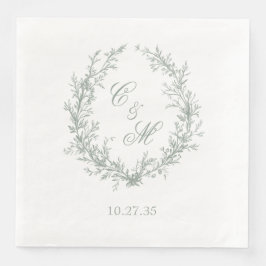 Servilleta De Papel De Cena Sage Green Monogram Floral Wreath Boda