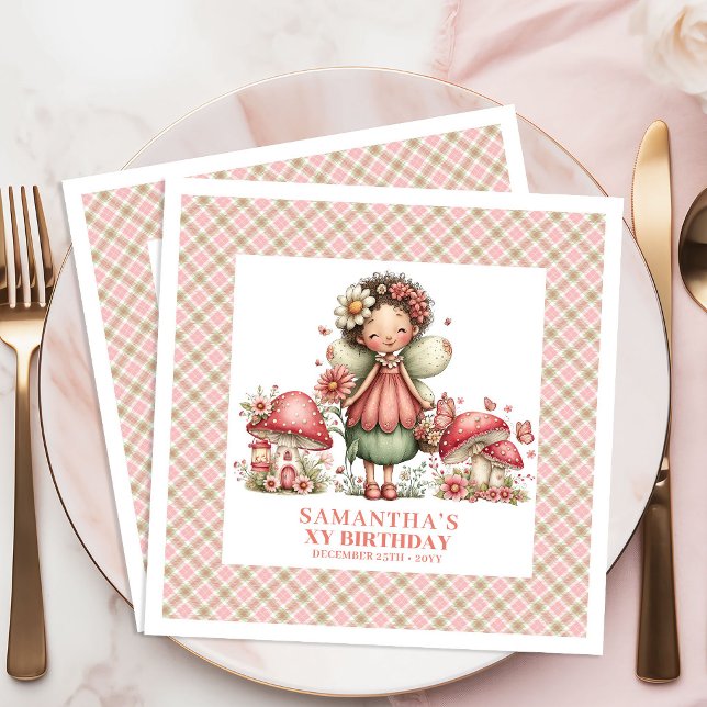 Servilleta De Papel De Cena Servilleta de cumpleaños de hadas caprichosas flor (Whimsical Fairy Pink Flowers Blush Birthday Napkins)