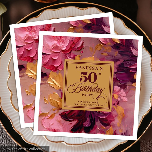 Servilleta De Papel De Cena Servilleta de cumpleaños número 50 Rustic Boho Mer (Rustic Boho Merlot Blush Gold 50th Birthday Napkin)