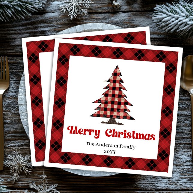 Servilleta De Papel De Cena Servilleta de Navidad a cuadros de Búfalo acogedor (Cozy Buffalo Plaid Christmas Napkin Customizable)