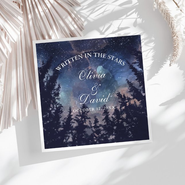 Servilleta De Papel De Cena Servilletas de Boda Celestial Bosque Nocturno Estr (Starry Night Forest Wedding Paper Dinner Napkins on a sunny white table.)