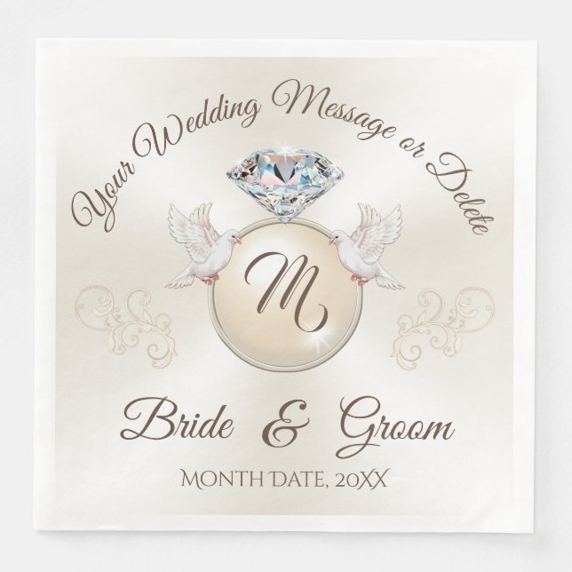 Servilleta De Papel De Cena Servilletas de boda con monograma de marfil, anill (Anverso)