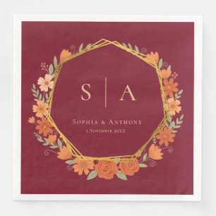 Servilleta De Papel De Cena Servilletas de boda florales de otoño granate