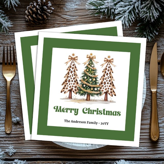 Servilleta De Papel De Cena Servilletas de cena de Navidad con árbol rústico y (Rustic Leopard Christmas Tree Dinner Napkins Custom!)