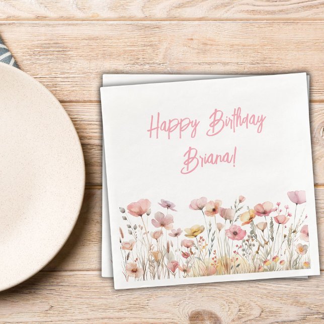 Servilleta De Papel De Cena Servilletas de cumpleaños con flores rosadas simpl (Subido por el creador)