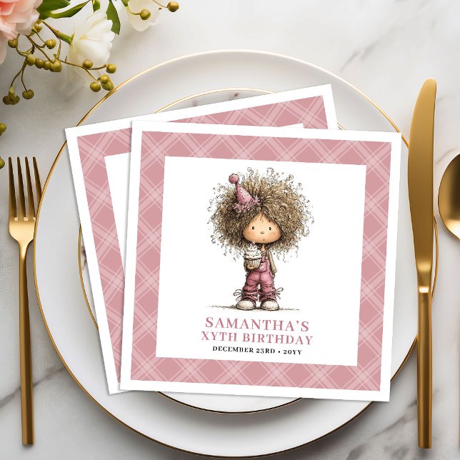 Servilleta De Papel De Cena Servilletas de Cumpleaños Divertidas y Excéntricas (10th Birthday Funny Whimsy Curly Girl Pink Napkins)